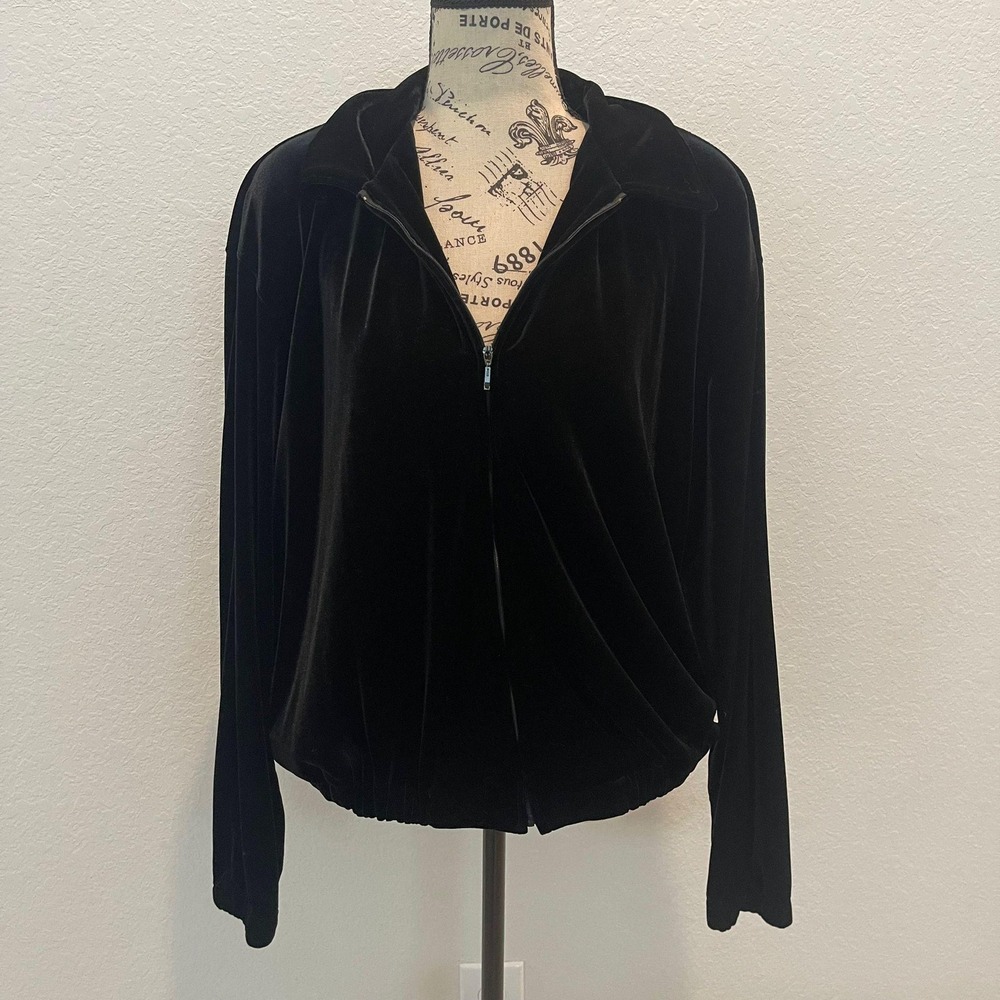 Leslie Fay Haberdashery Black Velvet Full Zip Jacket Womens Size L‎
